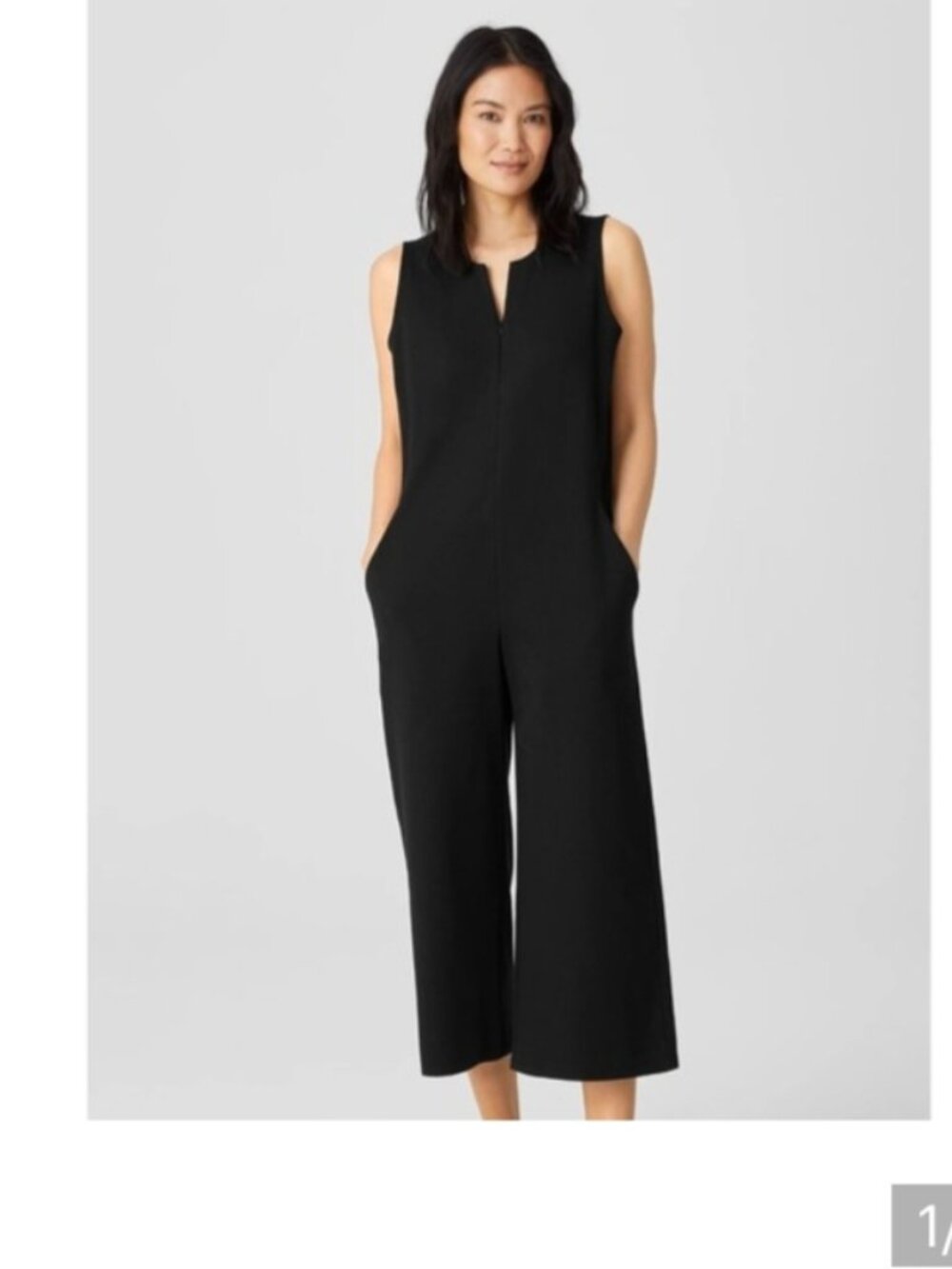 Cotton Ponte Jumpsuit Easy Fit, Cropped Length, Size M, Black